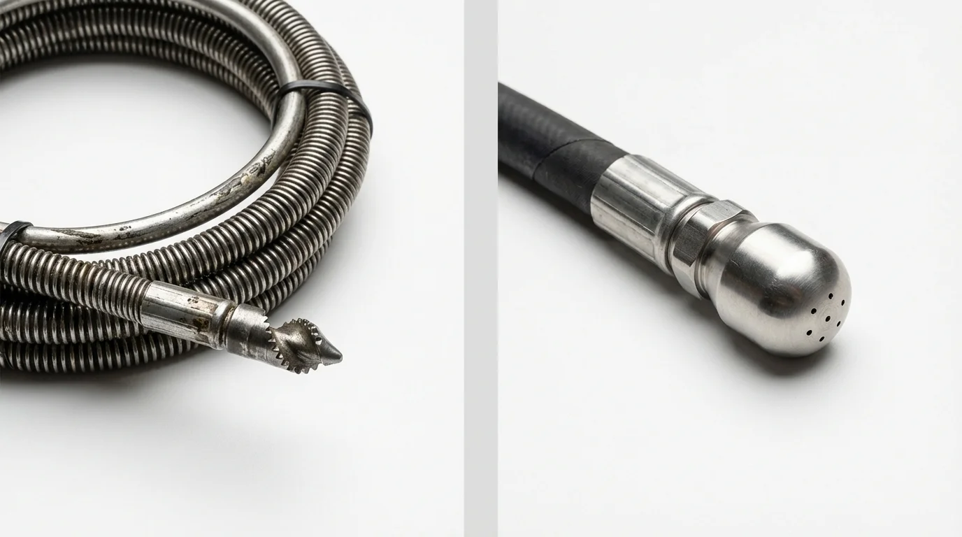 Drain snake cable and hydro jetting nozzle used for drain cleaning in Kenner, LA