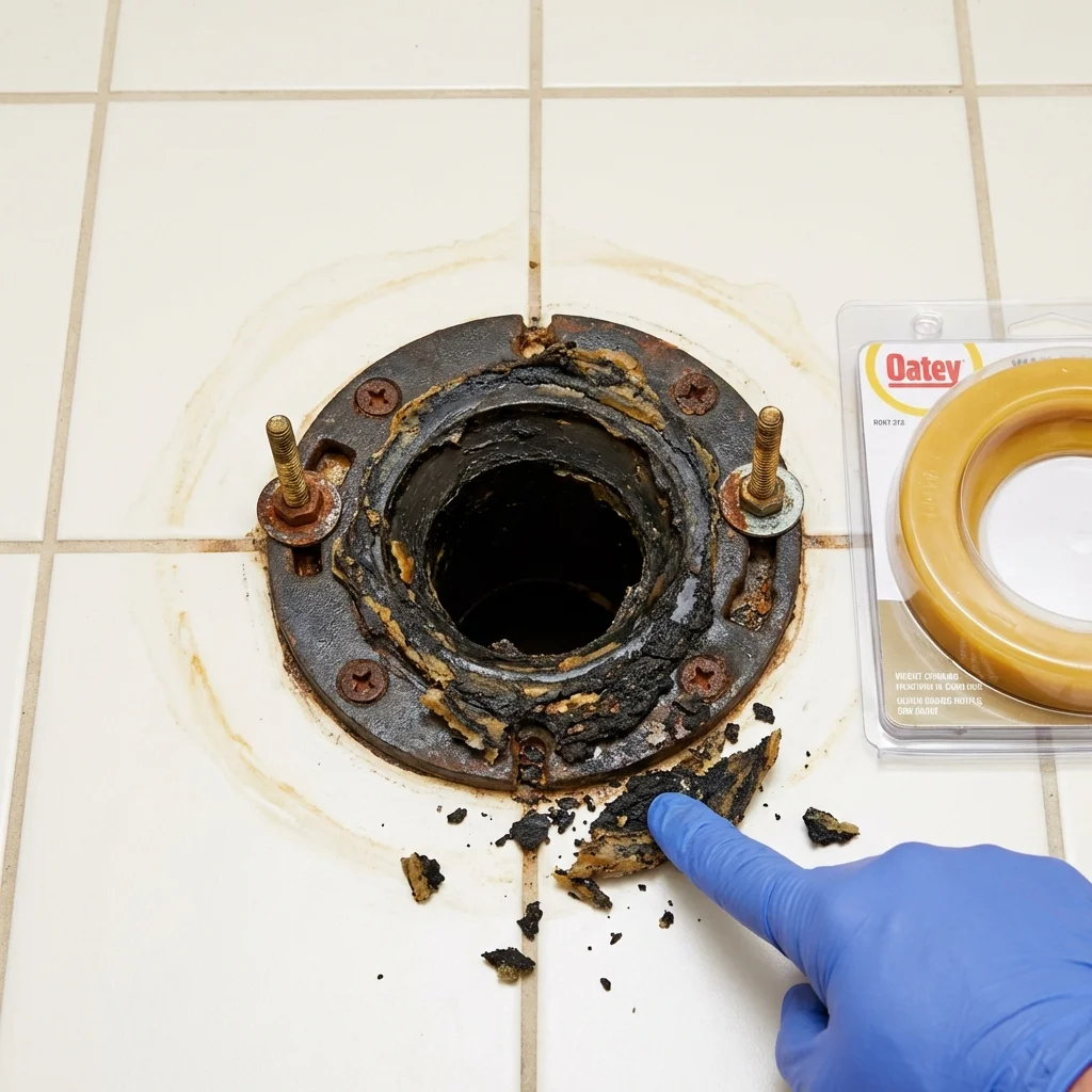 Failed wax ring showing water seepage at the base of a toilet in a Kenner, LA home