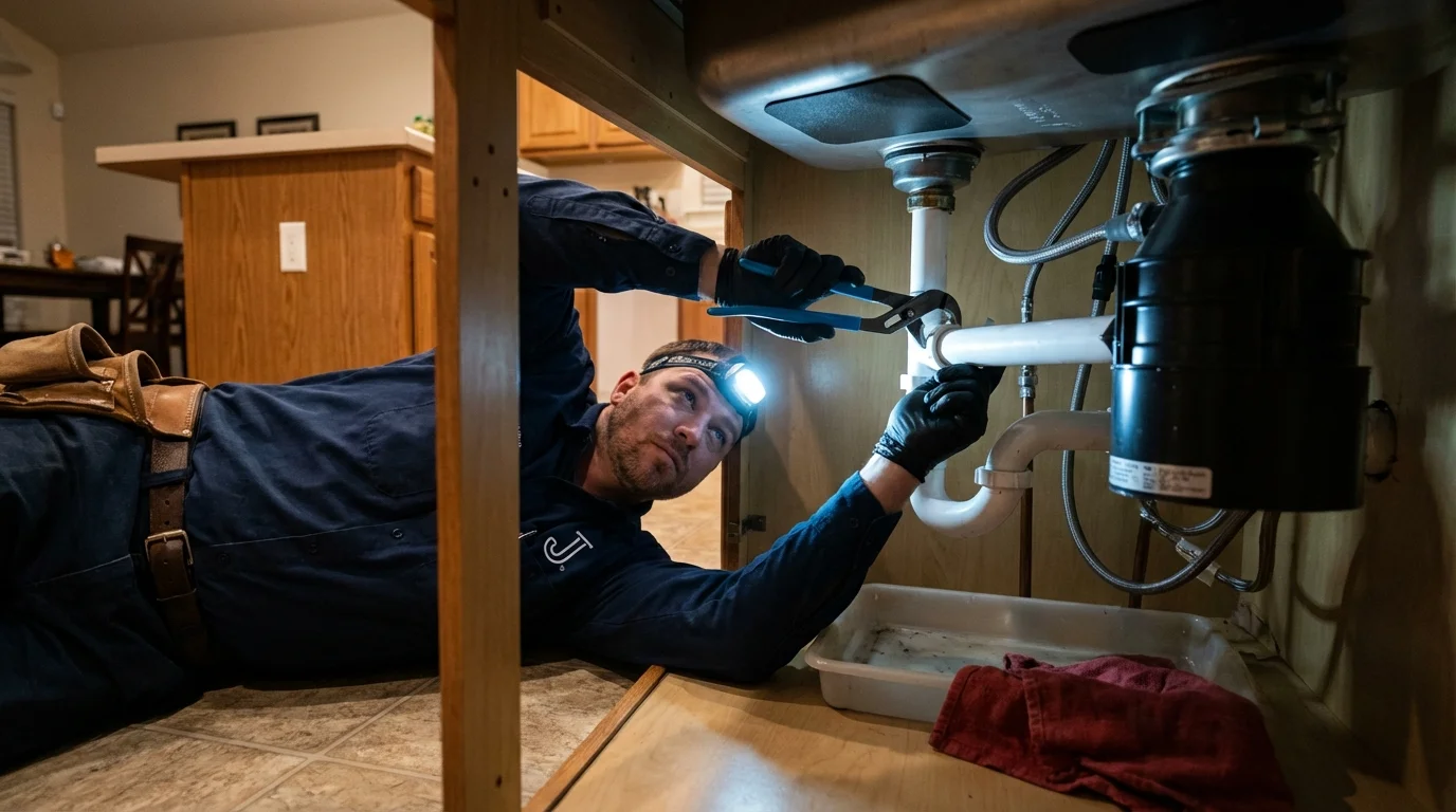 P-trap and supply line connections under a kitchen sink showing a common leak point in Kenner, LA
